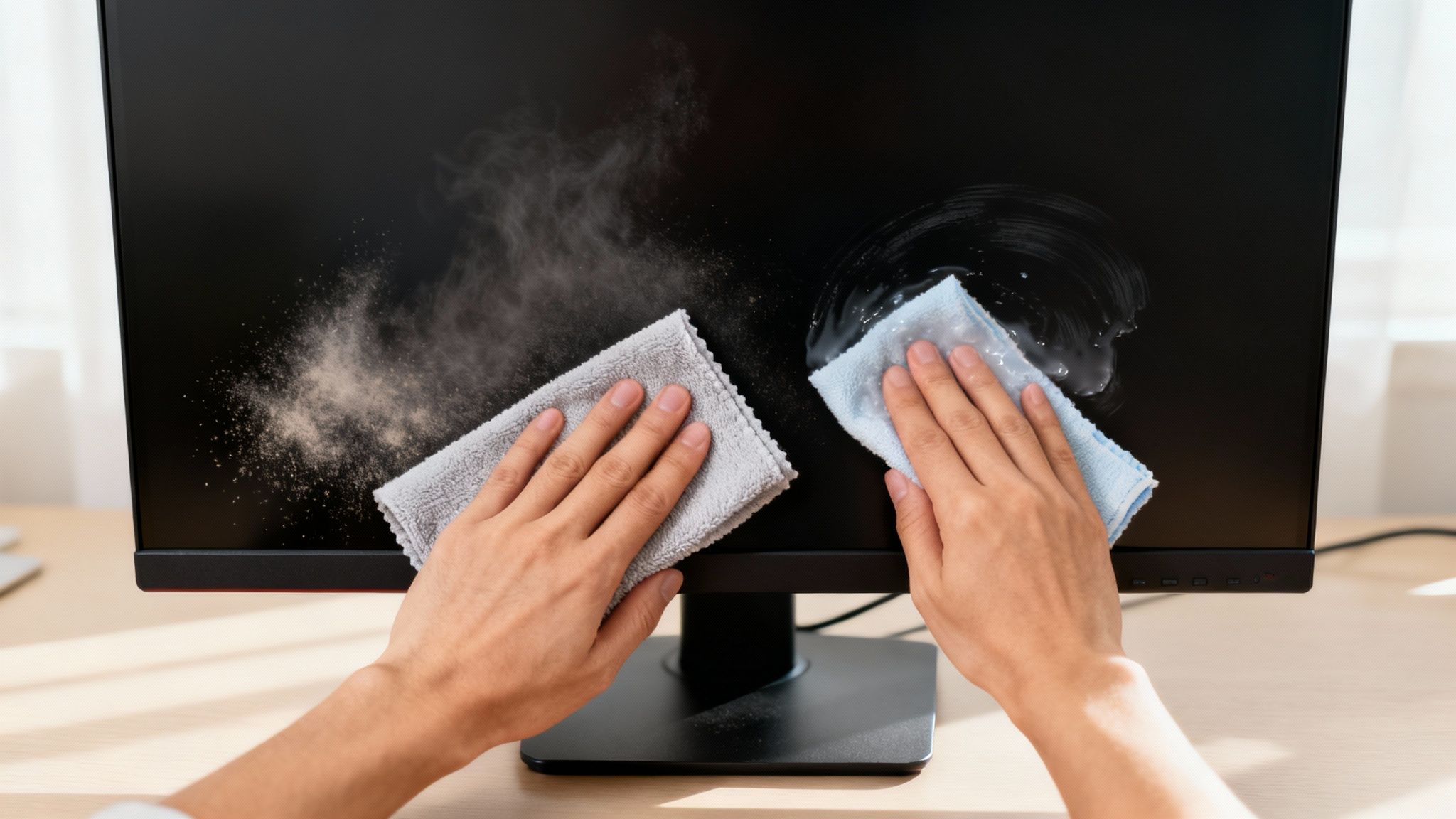 Person's hands using two microfiber cloths to clean dust and smudges off a black computer screen.