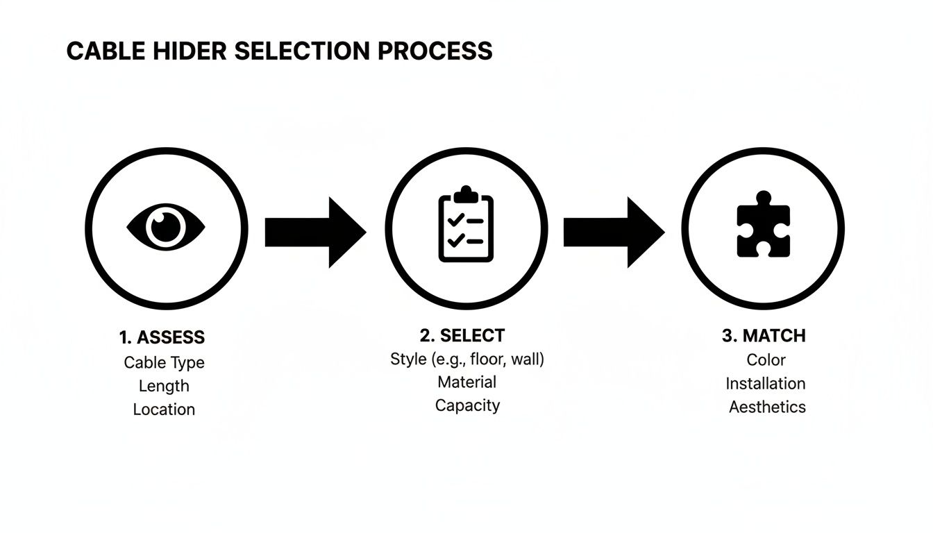 Diagram outlining the cable hider selection process, covering assessment, selection, and matching criteria.
