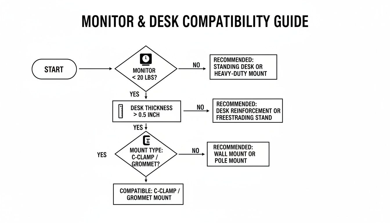 Flowchart guiding monitor and desk compatibility for C-clamp or grommet mounts, detailing weight and thickness requirements.