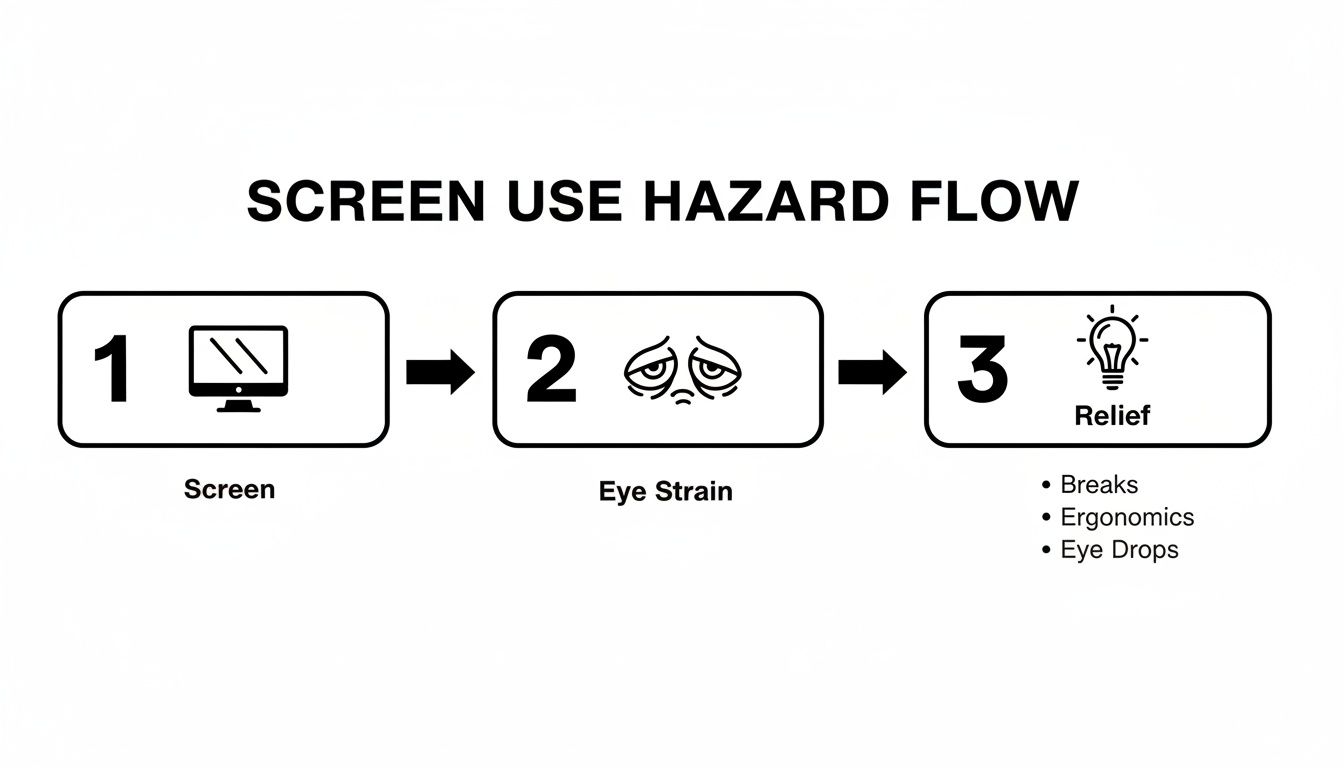 Flowchart illustrating the screen use hazard: screen leads to eye strain, which can be relieved by breaks, ergonomics, and eye drops.
