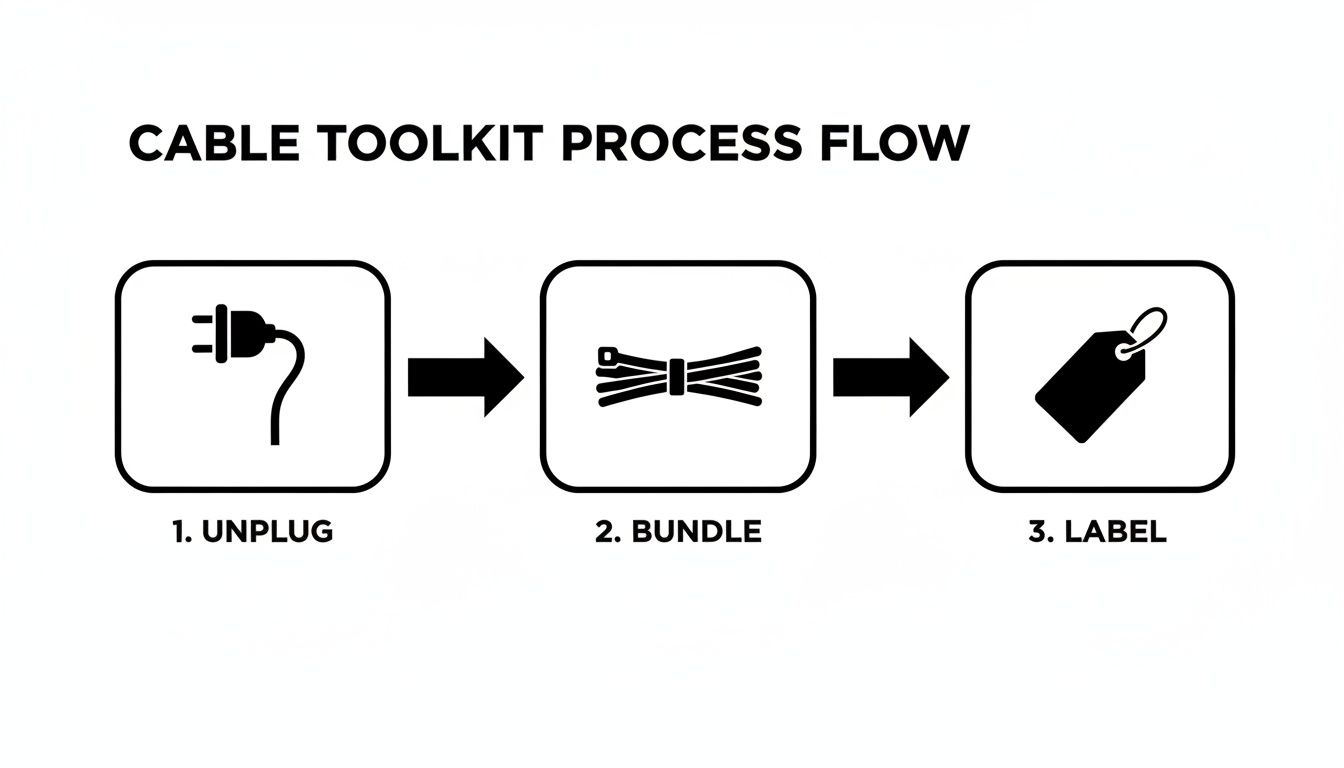 A three-step process flow chart showing how to organize cables: unplug, bundle, and label.