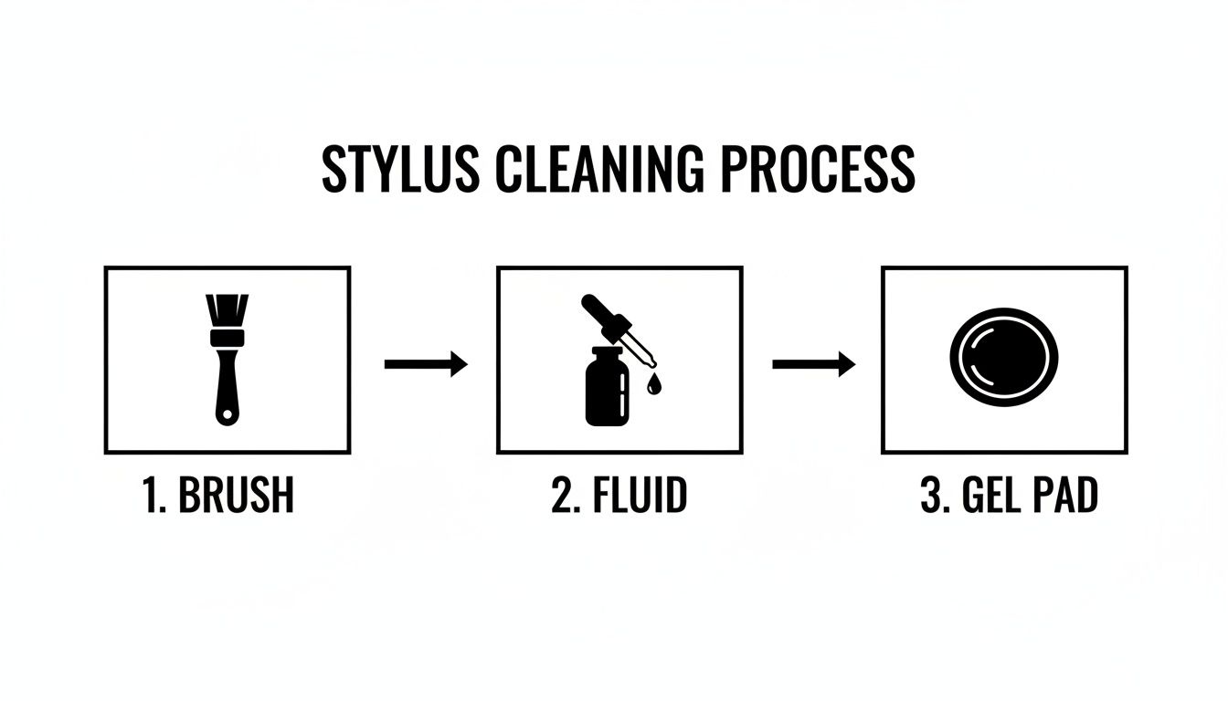 A three-step diagram illustrates how to clean a record player stylus using a brush, cleaning fluid, and a gel pad.