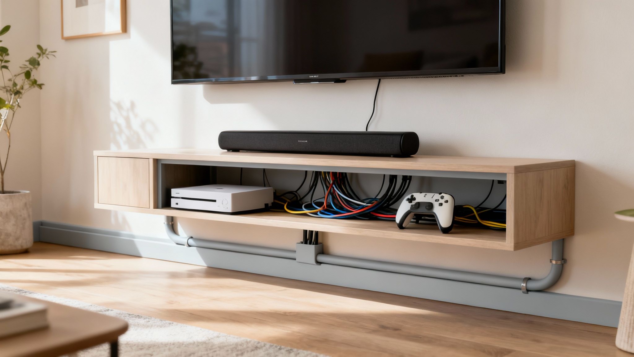 Floating media console with a soundbar, gaming console, messy wires, and organized wall cables.