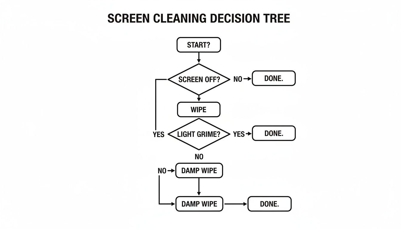 A screen cleaning decision tree flowchart outlining steps: turn off, wipe, check grime, and damp wipe.