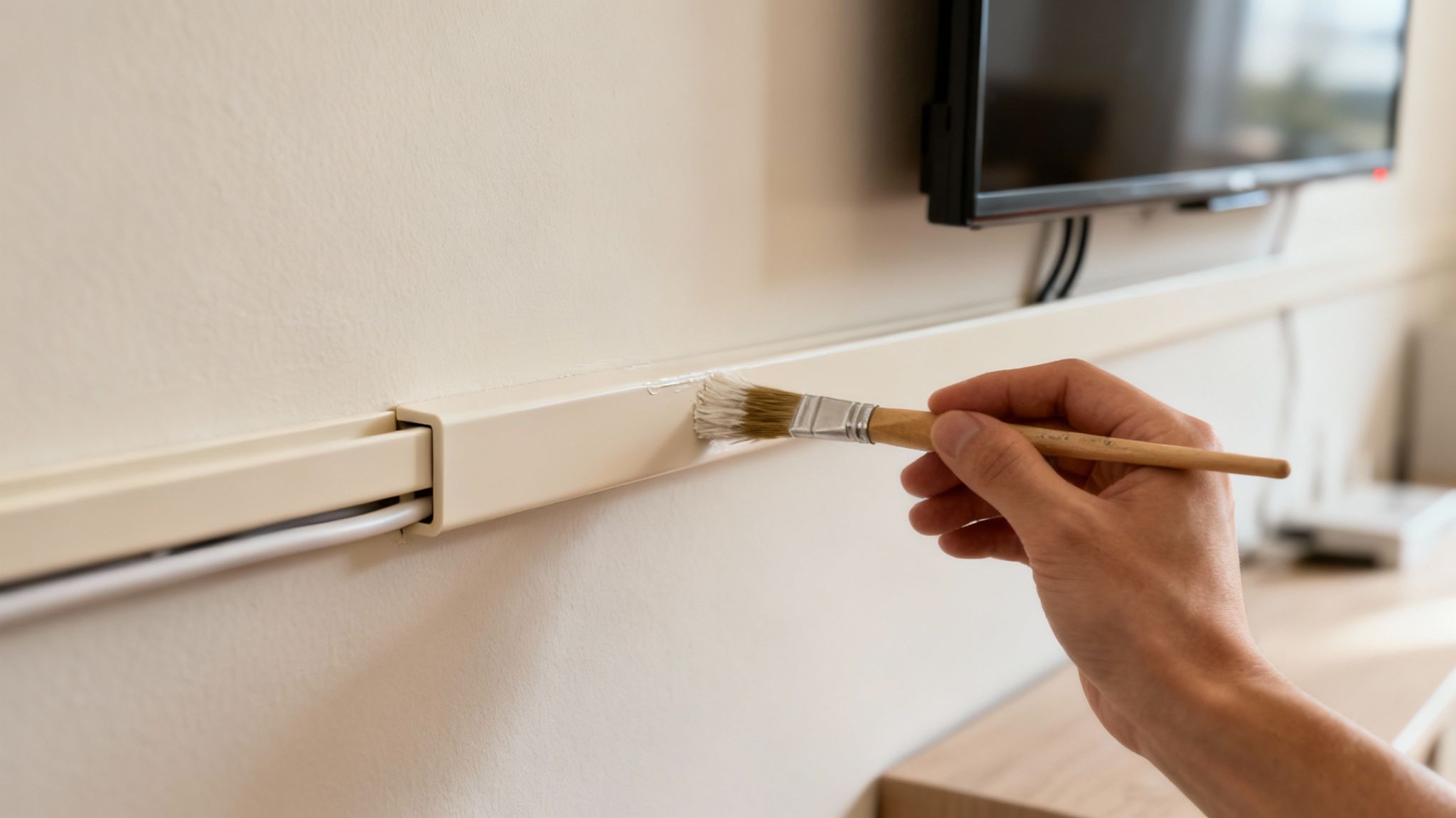 A person's hand paints a wall-mounted cable management channel with white paint, concealing wires.