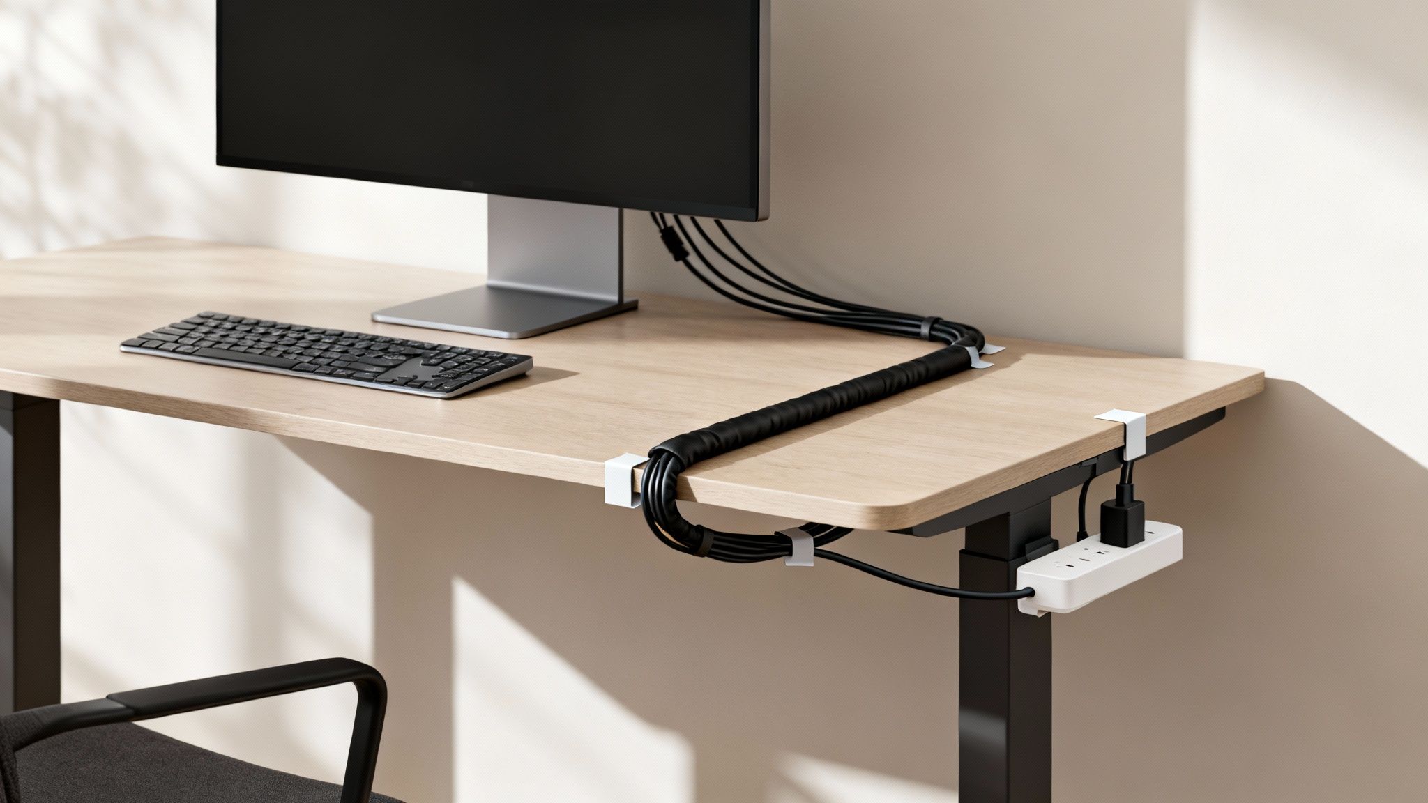 A modern wooden desk setup with a monitor, keyboard, and efficient cable management.