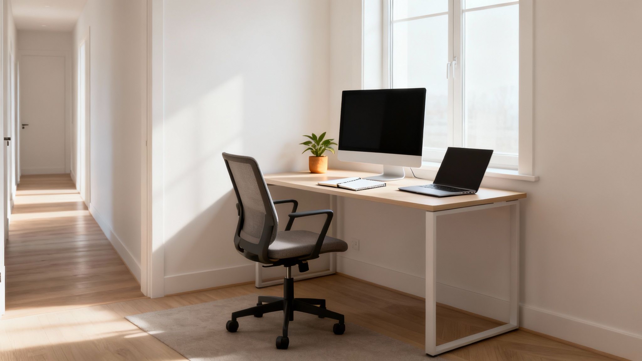 Stylish home office with a desk, computer, laptop, plant, and grey office chair.