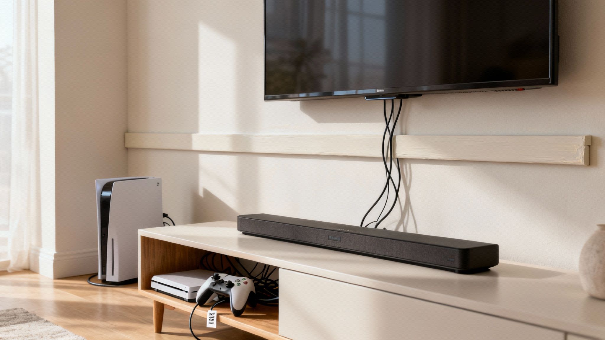 A modern living room featuring a wall-mounted TV, soundbar, and gaming consoles with cable organization.