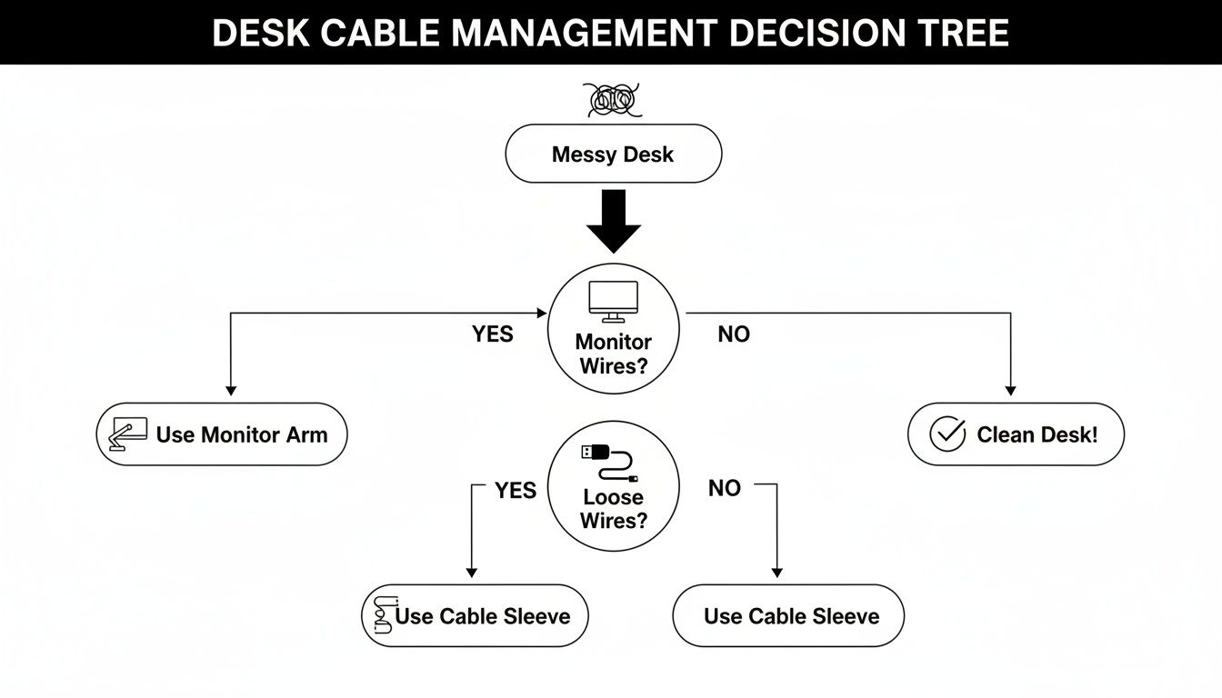 A decision tree flowchart illustrating steps for desk cable management, starting with a messy desk.