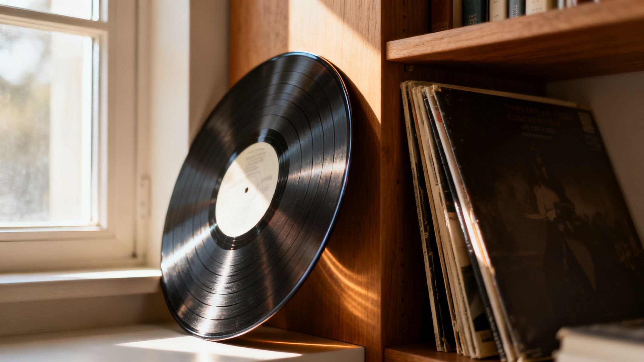A vinyl record leaning against a sunlit wooden shelf next to a window, with more records.