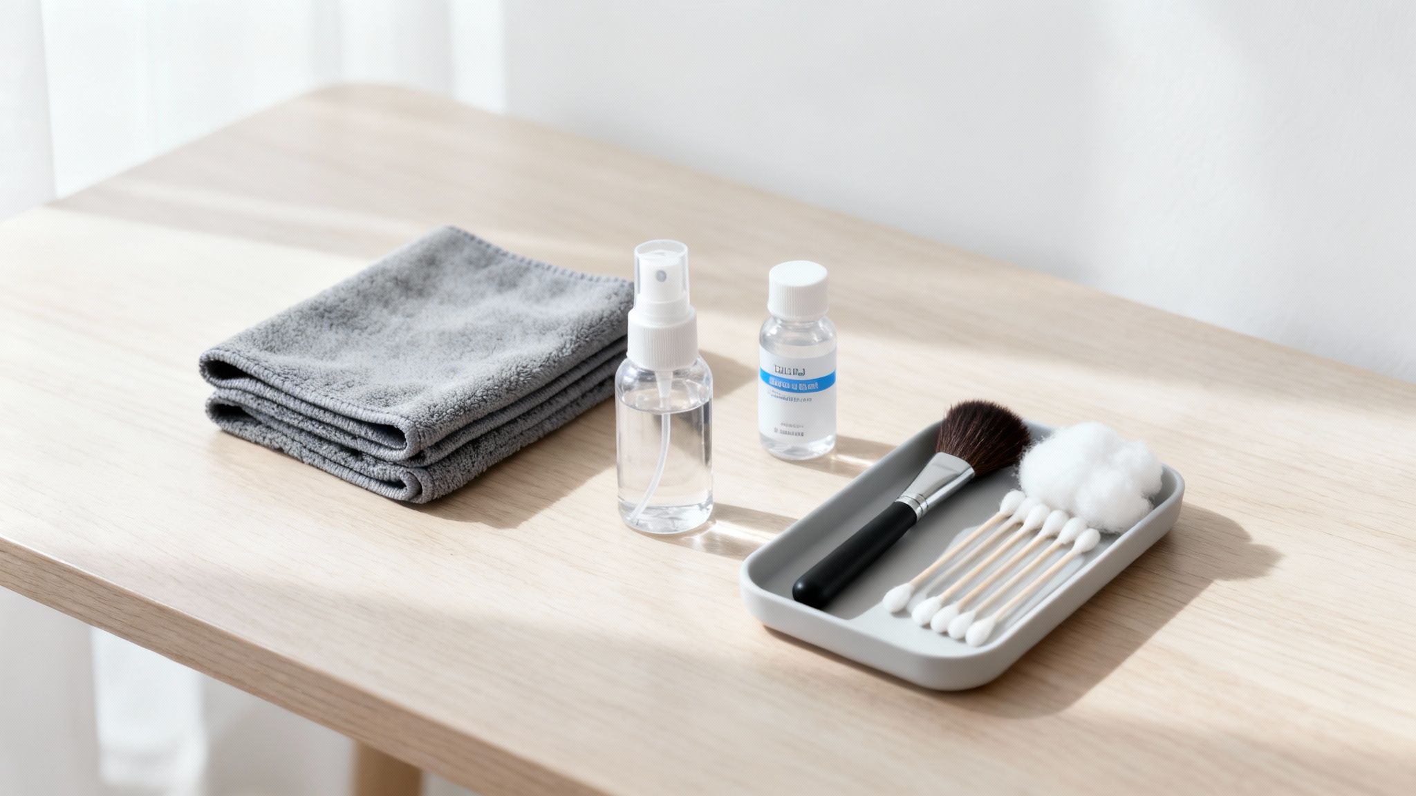 A collection of screen cleaning supplies on a light wooden table, including cloths, sprays, and cotton items.