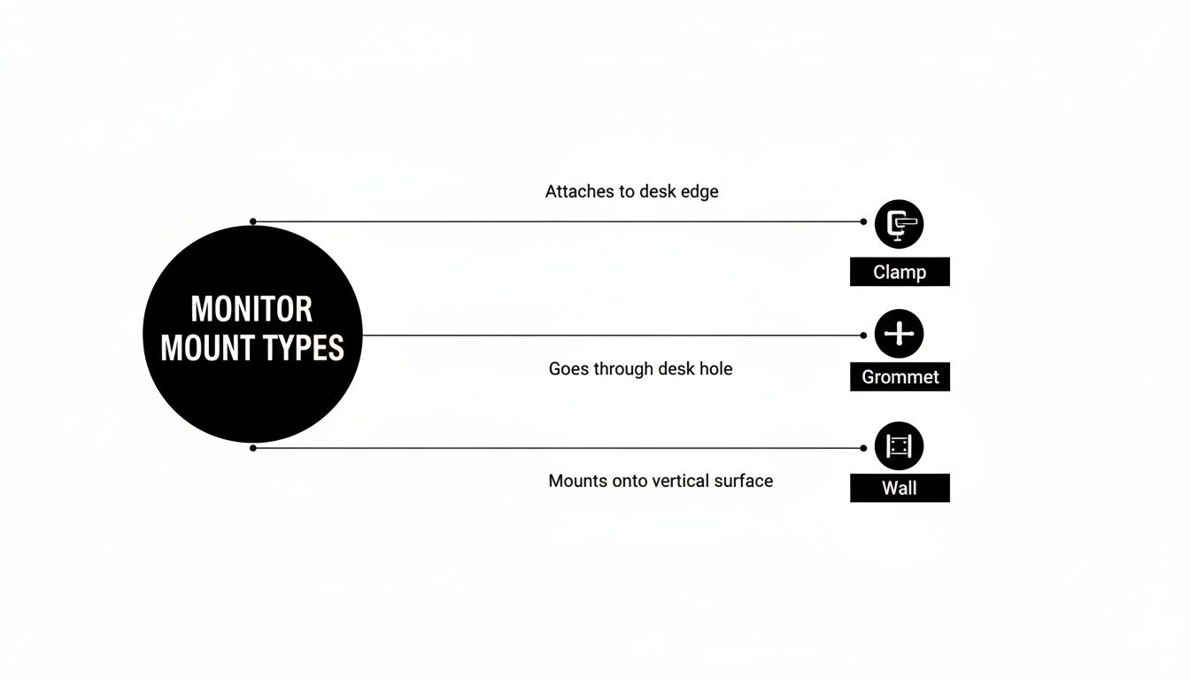 Diagram illustrating three monitor mount types: Clamp, Grommet, and Wall, with their attachment methods.