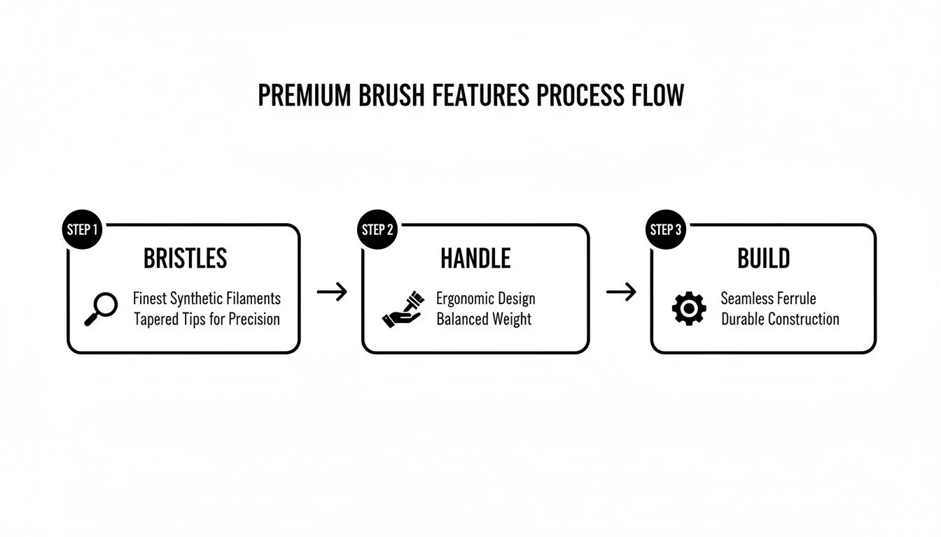 Premium brush features process flow highlighting bristles, handle, and build with their key attributes.