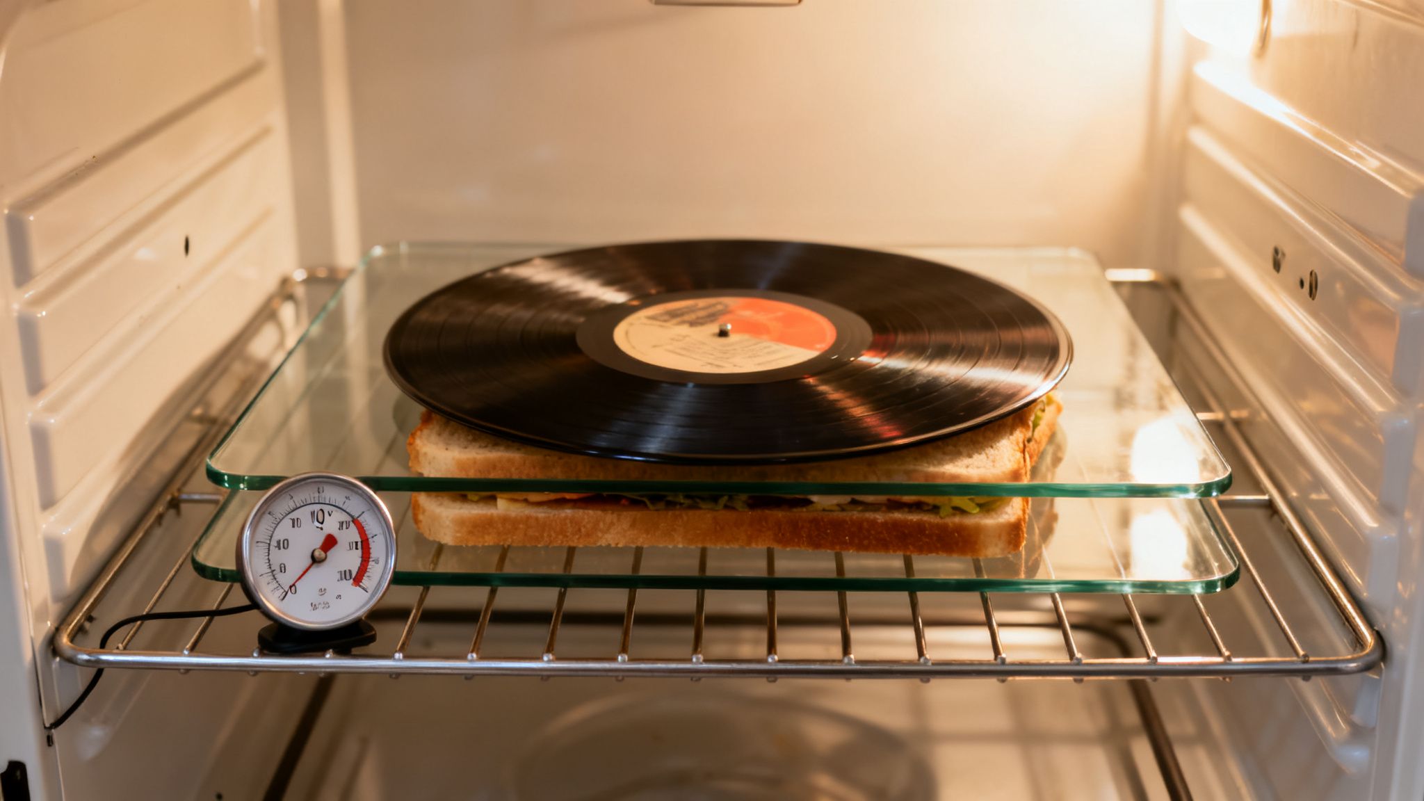 A vinyl record is placed on a sandwich inside an oven, with a thermometer nearby.