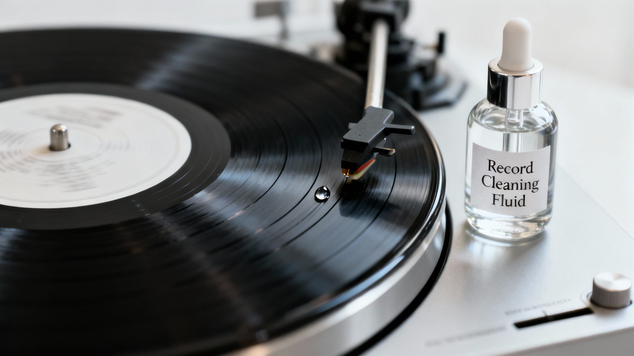 A close-up of a record player with a black vinyl, a stylus, a drop of fluid, and a cleaning bottle.