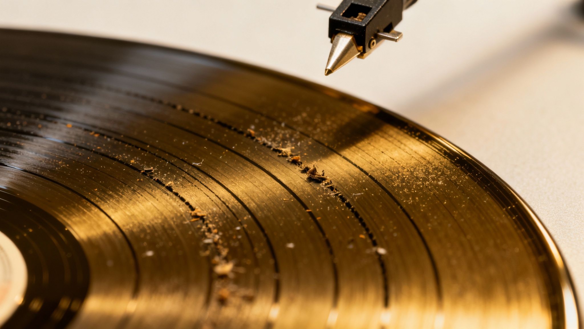 Close-up of a dirty vinyl record with dust and debris, and a record player stylus.