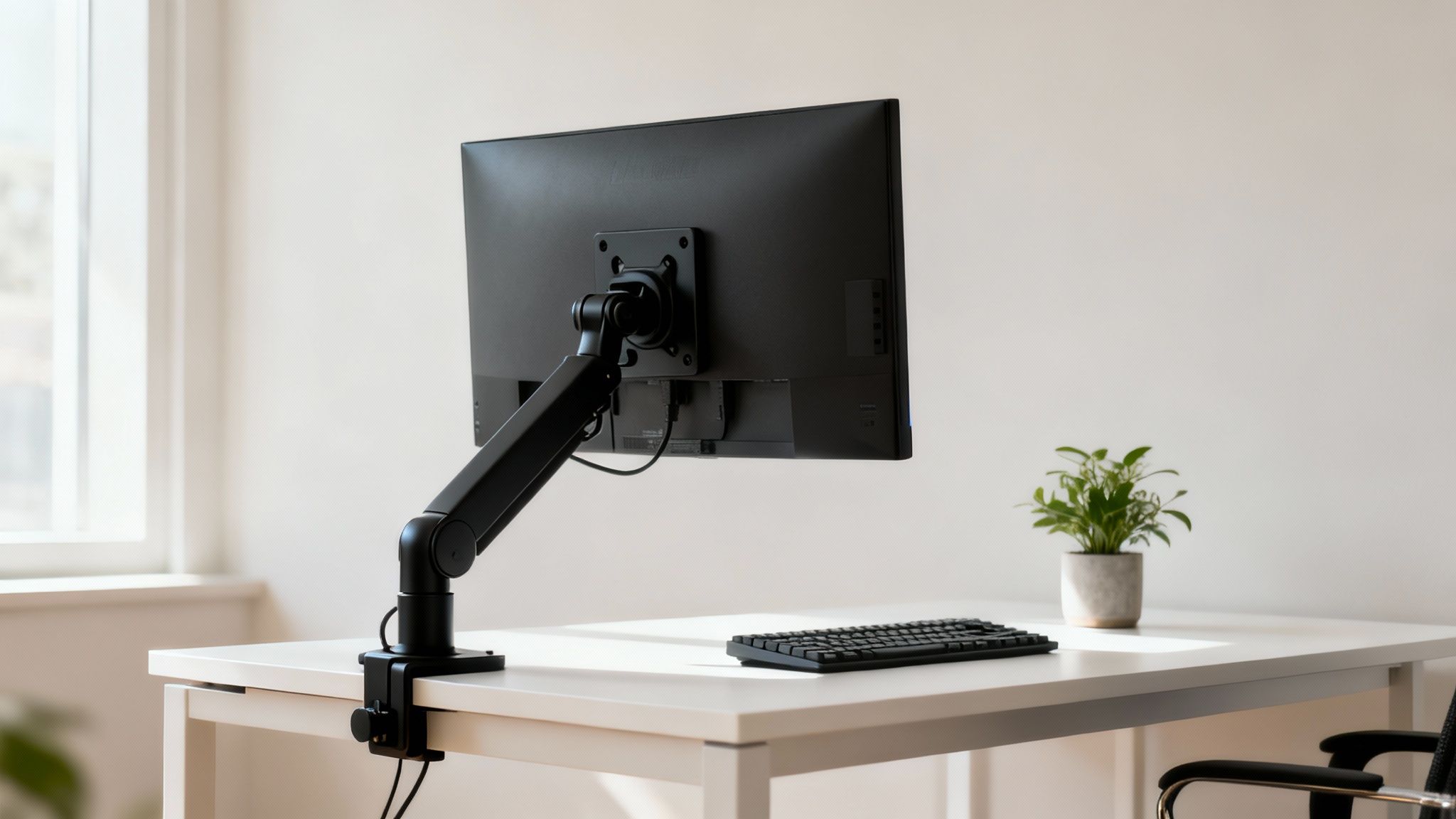 Modern home office with a black monitor mounted on an adjustable arm on a white desk.