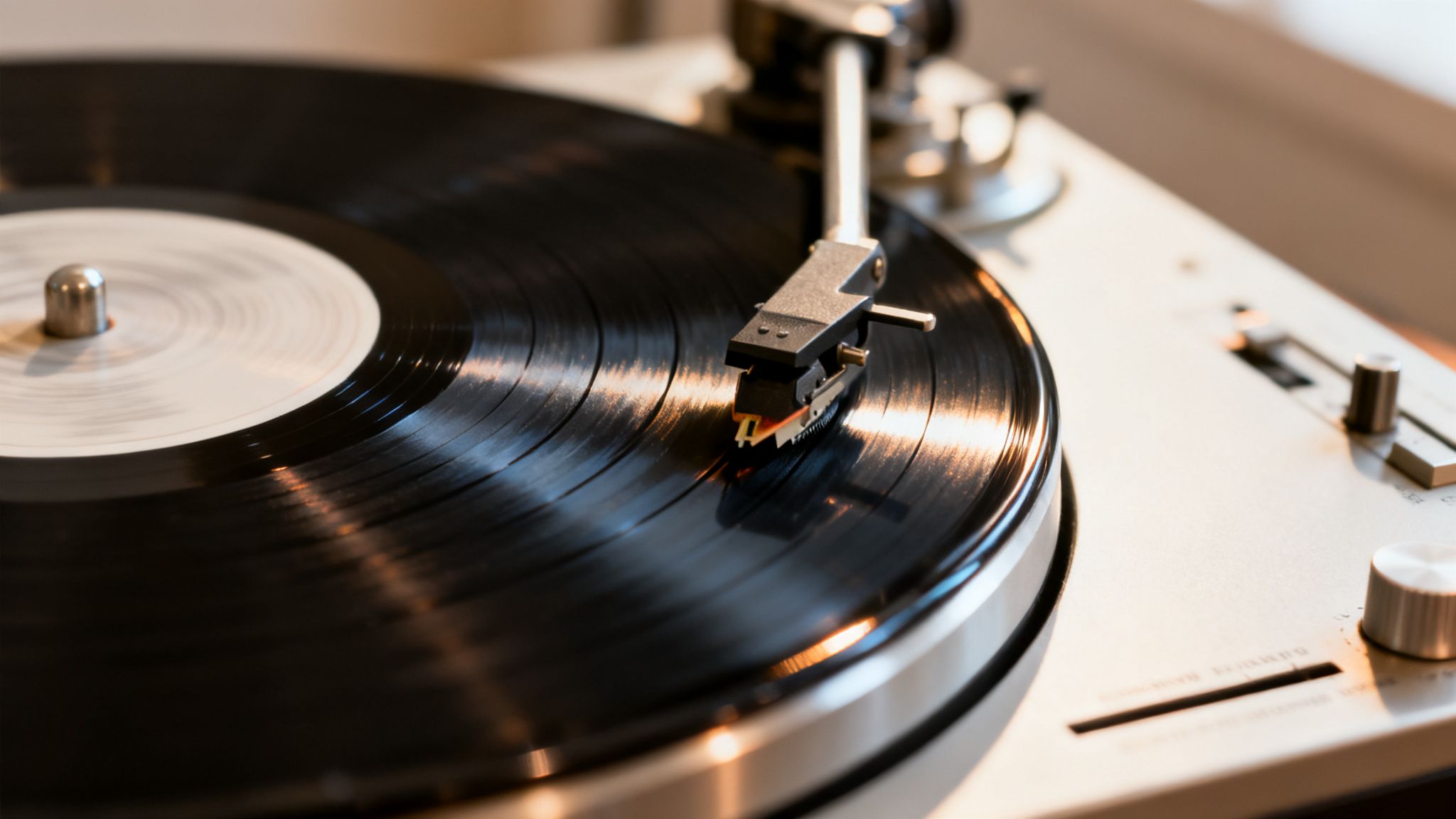 Close-up of a vintage record player with a black vinyl record spinning, tonearm engaged.