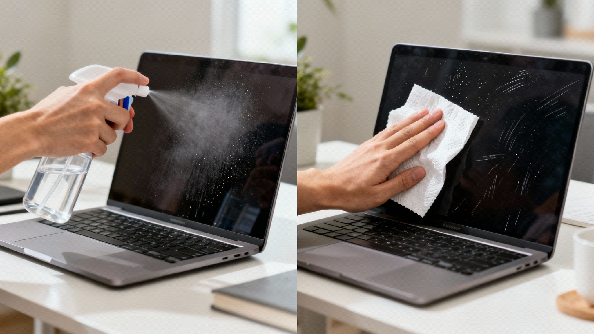 Hands spray and wipe a dirty laptop screen with cleaner and a paper towel.