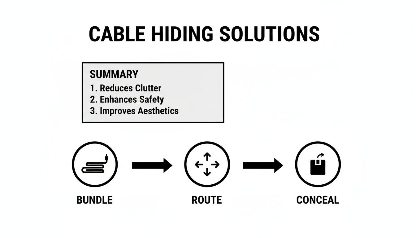 A diagram outlining cable hiding solutions, illustrating steps to bundle, route, and conceal for safety and aesthetics.