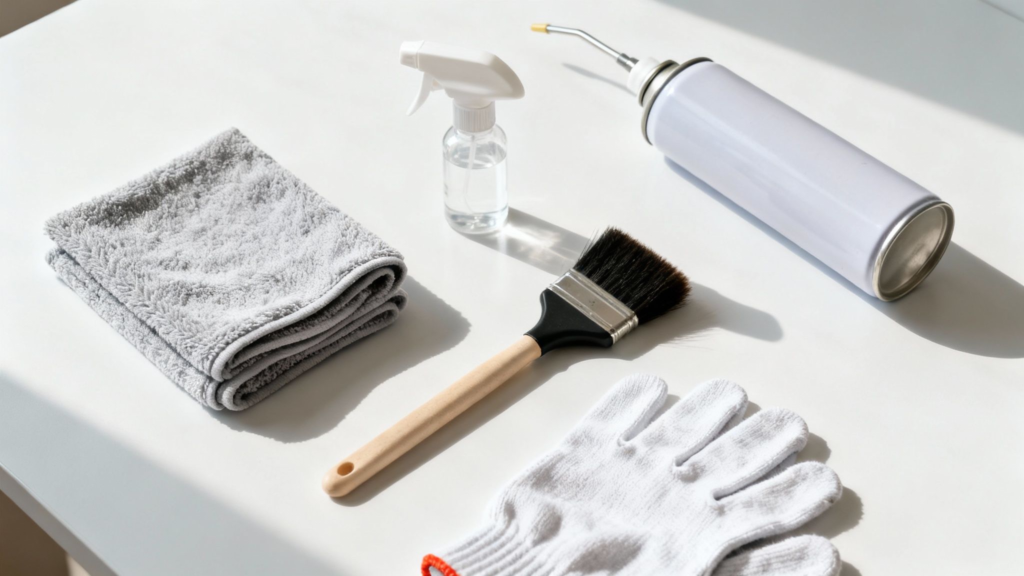A flat lay of cleaning supplies: gray towel, spray bottle, brush, aerosol can, and white gloves.