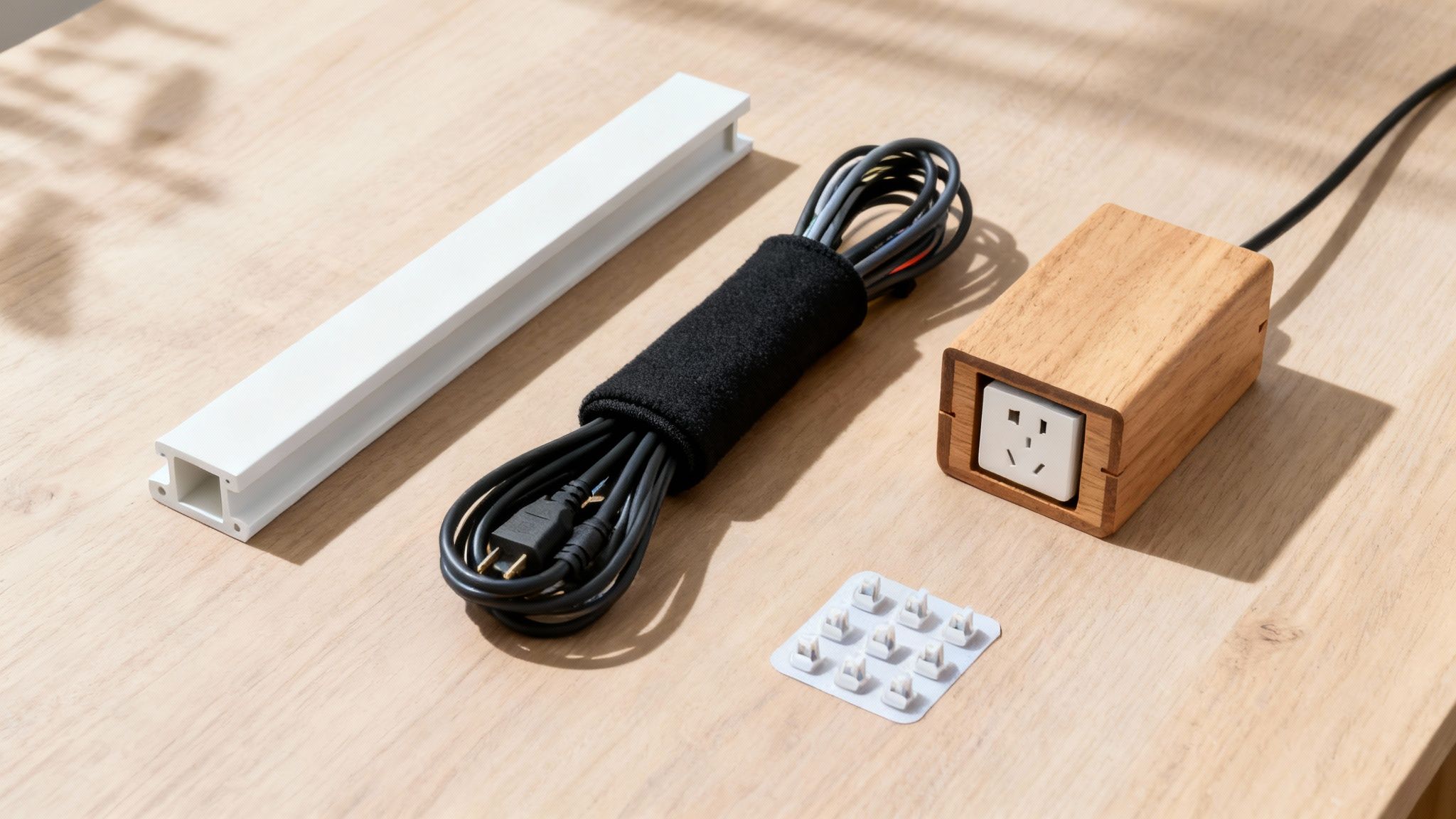 Cable management accessories: a white channel, wrapped cables, a wooden power strip, and clips on a light wood surface.