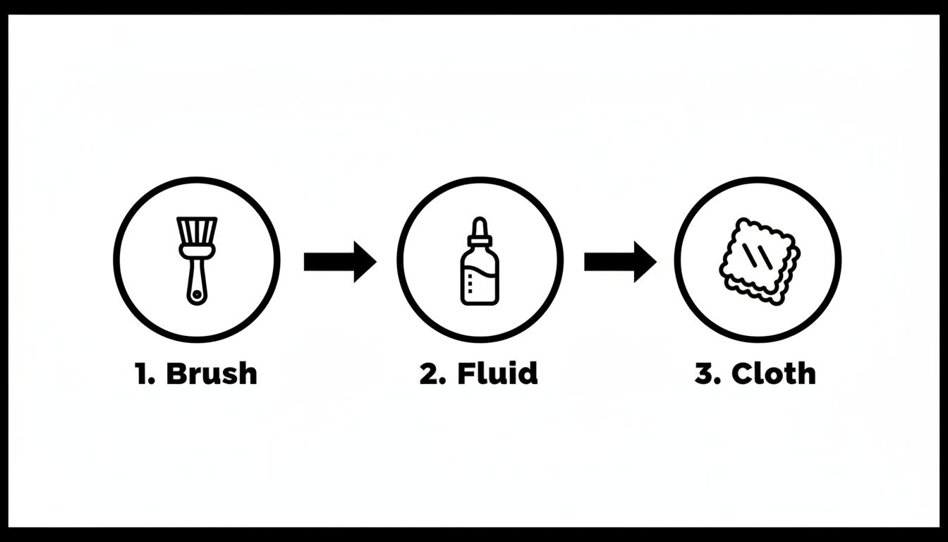 A three-step visual guide for cleaning, showing a brush, fluid bottle, and a cleaning cloth.