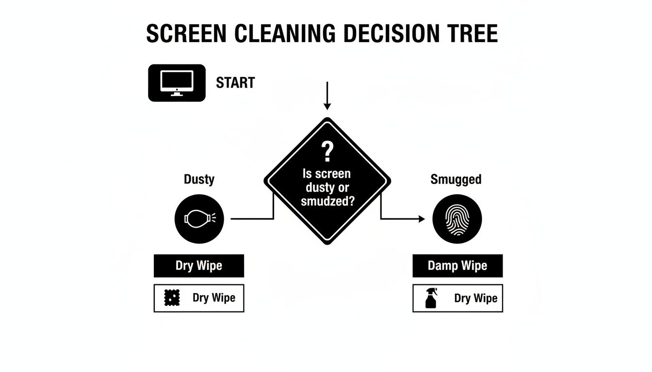 A screen cleaning decision tree flowchart guiding users to dry wipe dusty screens and damp wipe then dry wipe smudged screens.