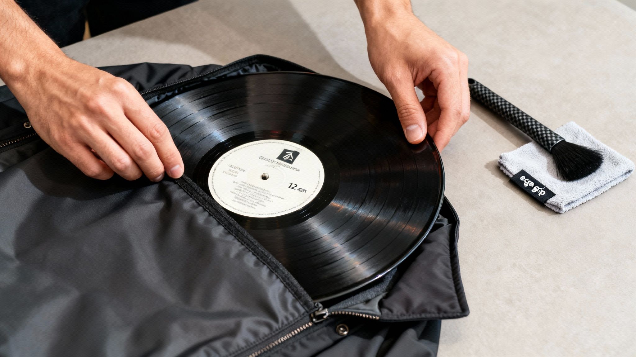 Hands carefully placing a black vinyl record into an anti-static sleeve, with cleaning brush nearby.