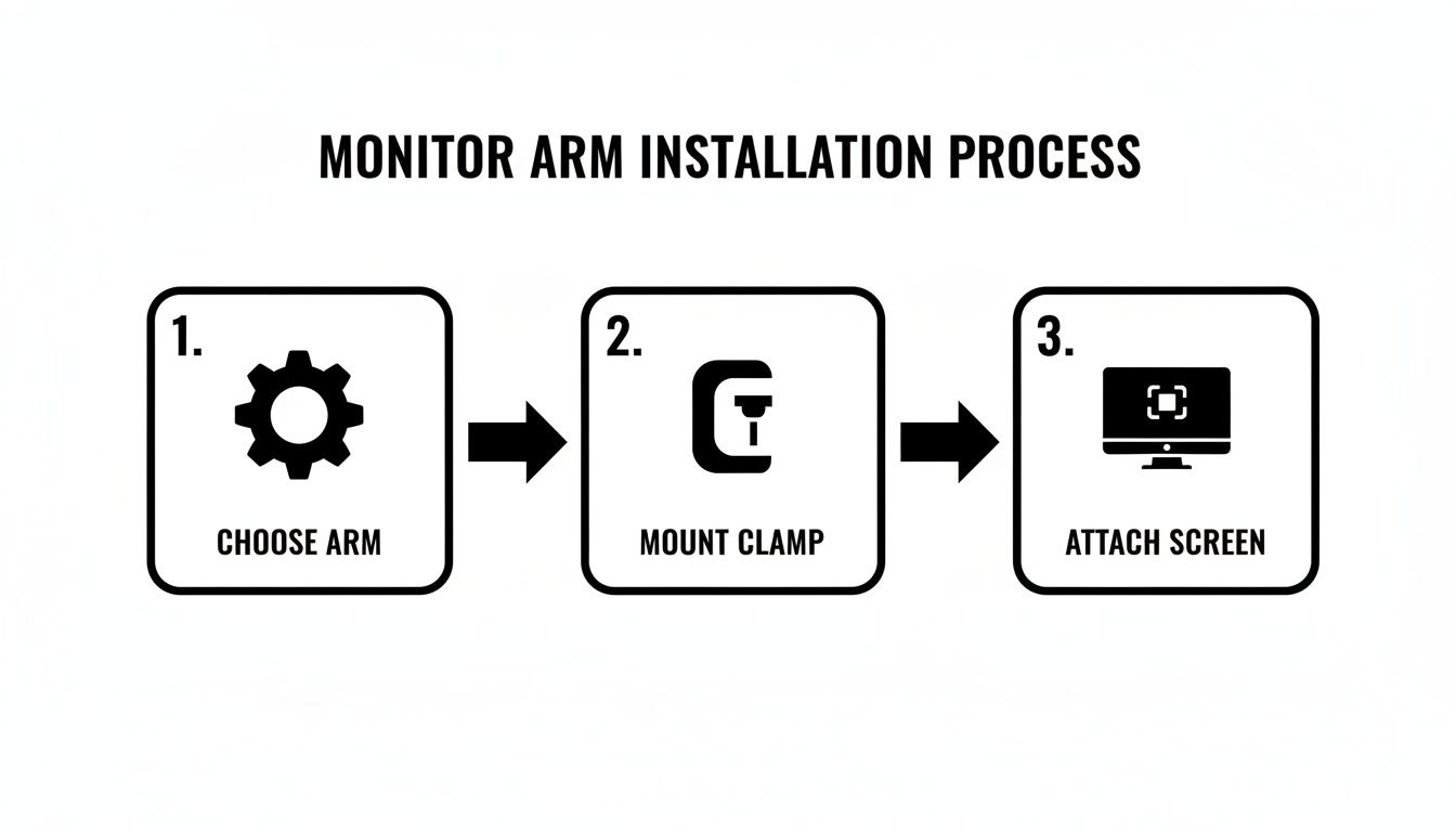Diagram illustrating three steps for monitor arm installation: choose arm, mount clamp, and attach screen.