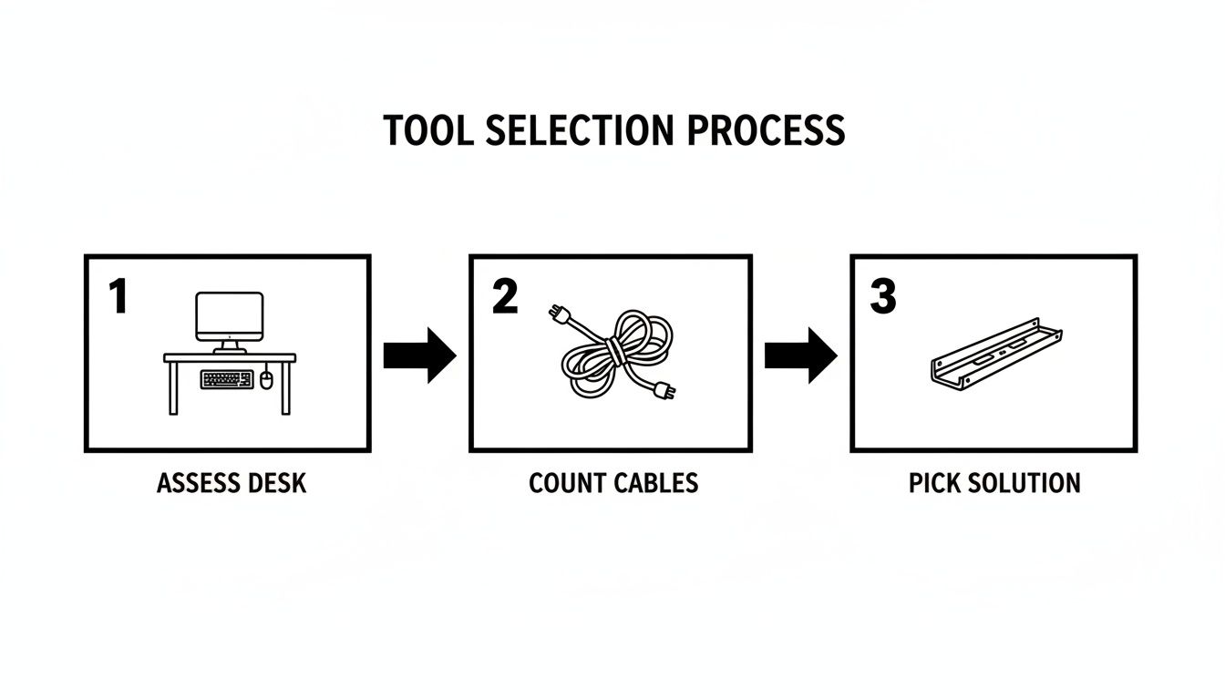 A three-step tool selection process for desk cable management: assess desk, count cables, pick solution.