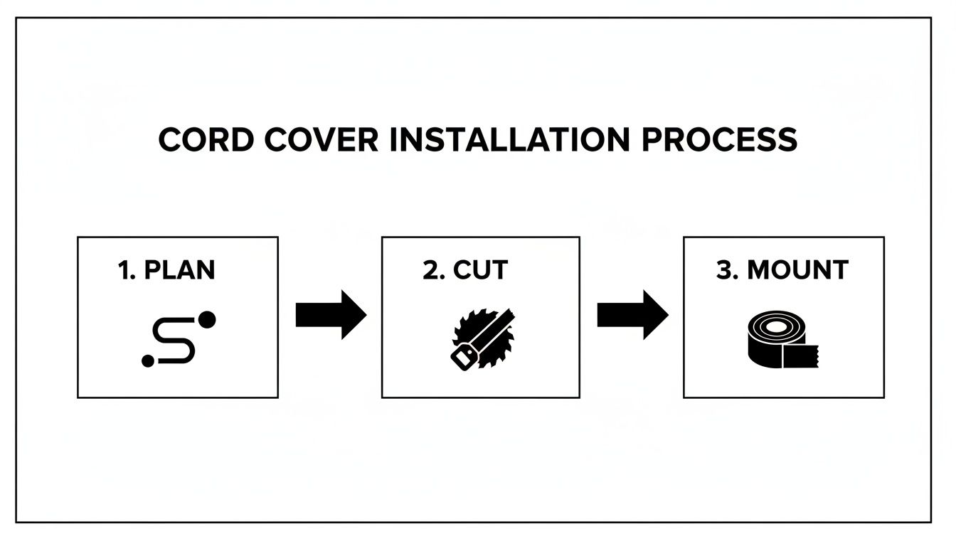 A black and white diagram outlining three steps for cord cover installation: plan, cut, and mount.