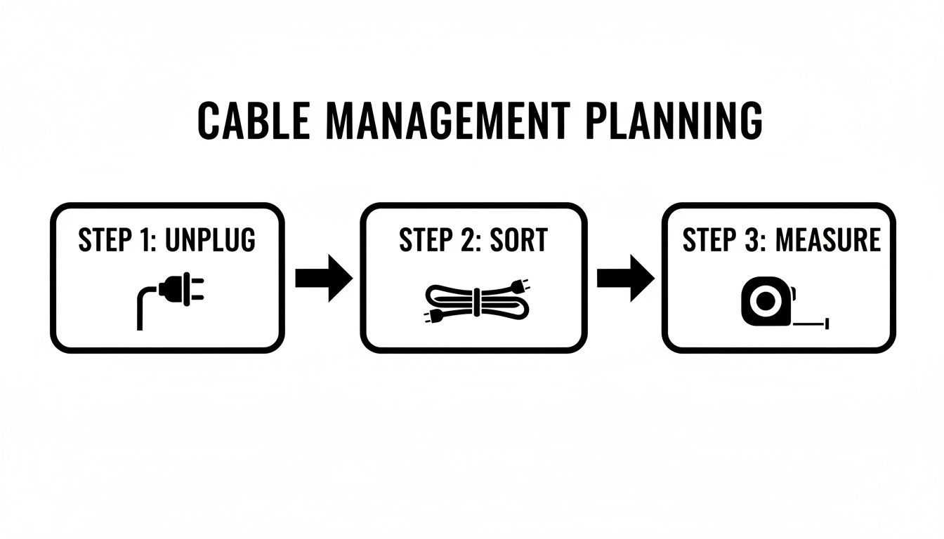A flowchart outlining three steps for effective cable management planning: unplug, sort, and measure.