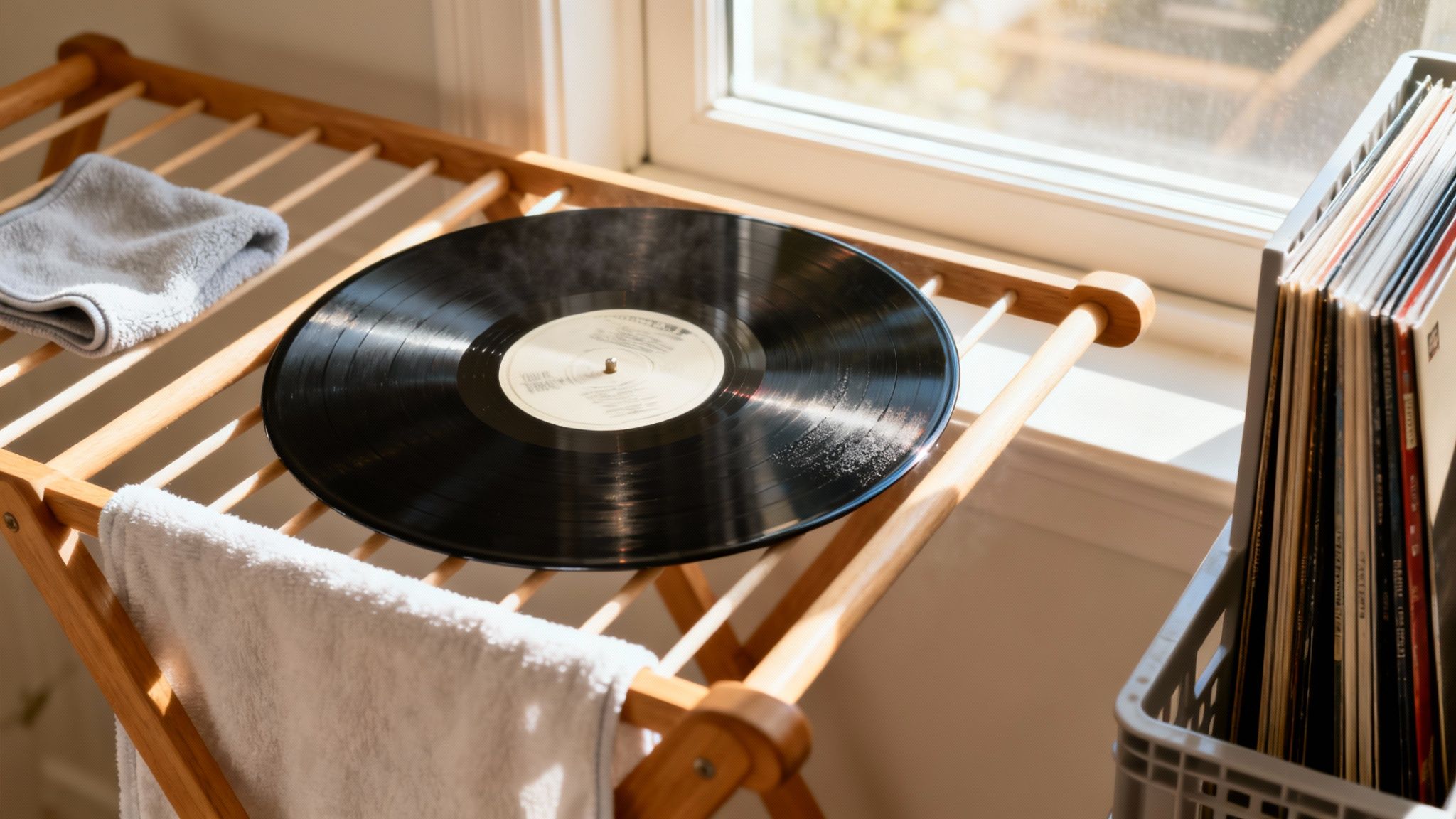 A black vinyl record dries on a wooden rack with towels and other records nearby.