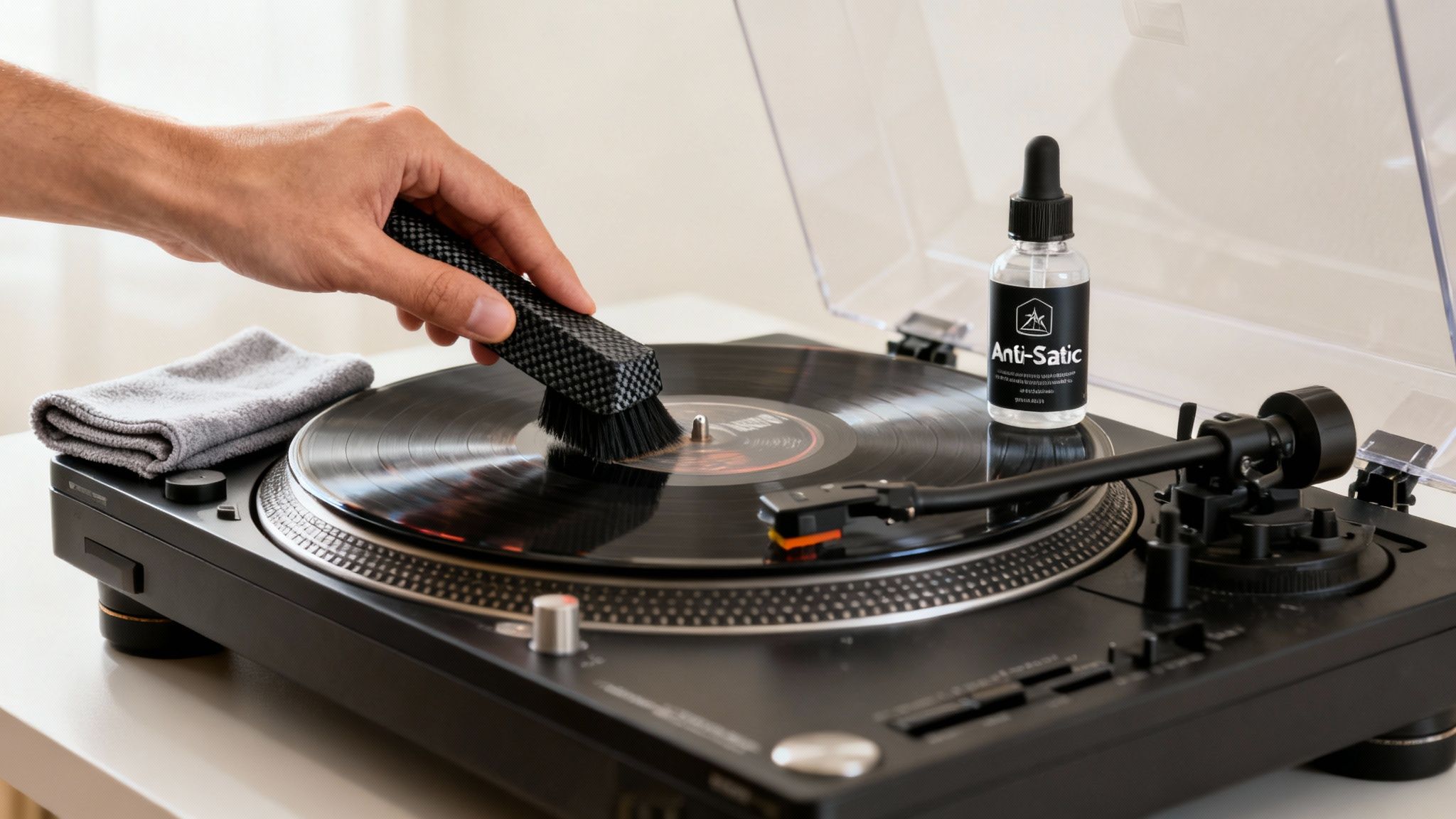 A person's hand cleans a black vinyl record on a turntable with a brush, next to an anti-static solution bottle and a cloth.