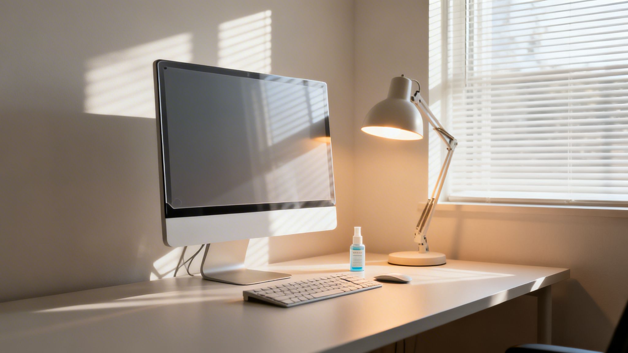 Modern home office setup with a computer, desk lamp, and sunlight streaming through window blinds.