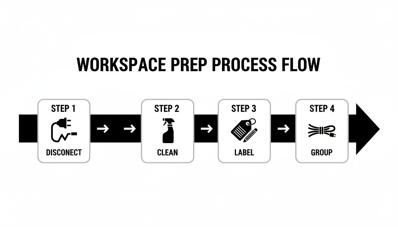 Flowchart illustrating the workspace prep process: disconnect, clean, label, and group items.