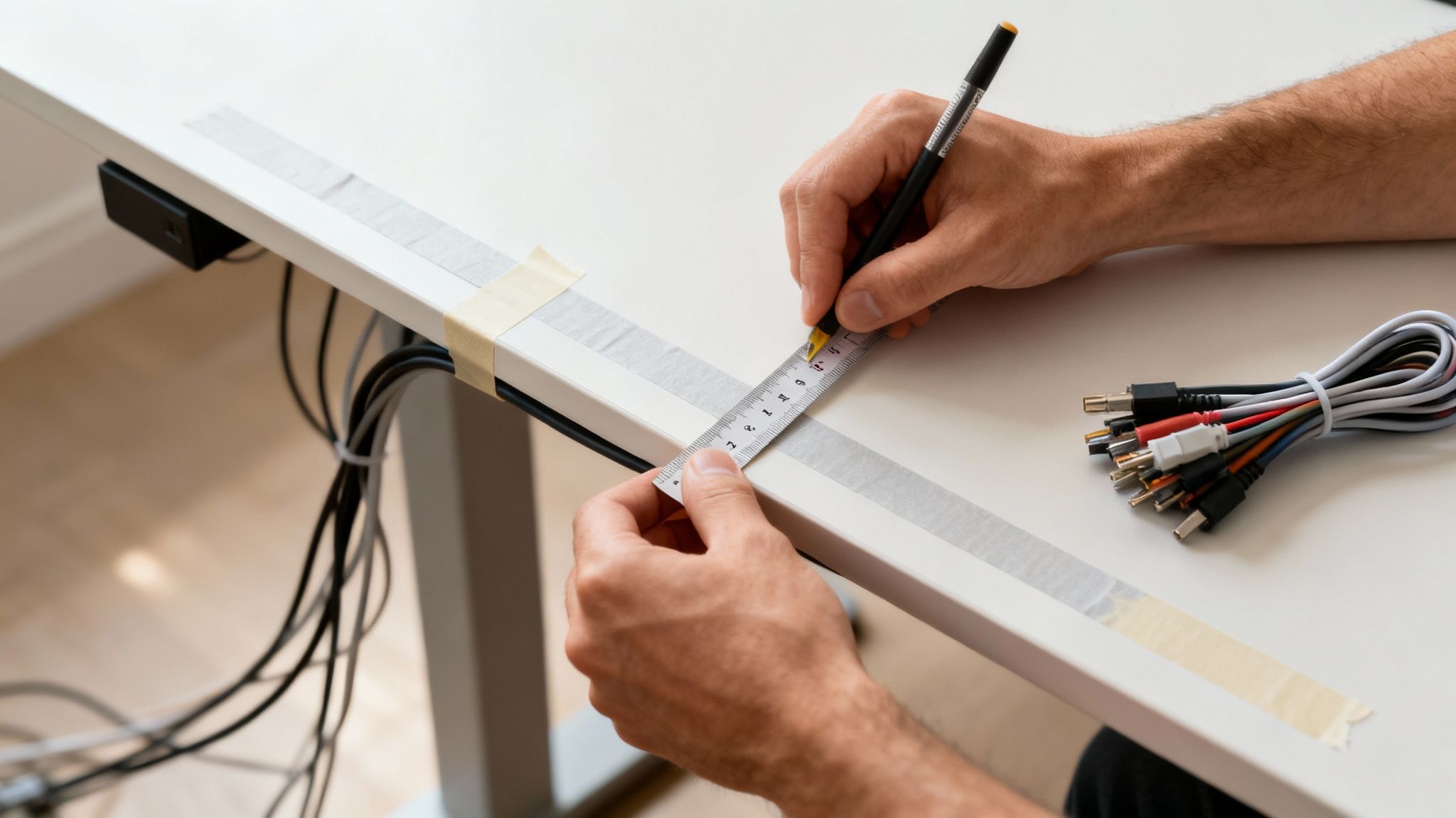 Person measuring a white desk with a ruler, preparing for cable management, with various cables nearby.