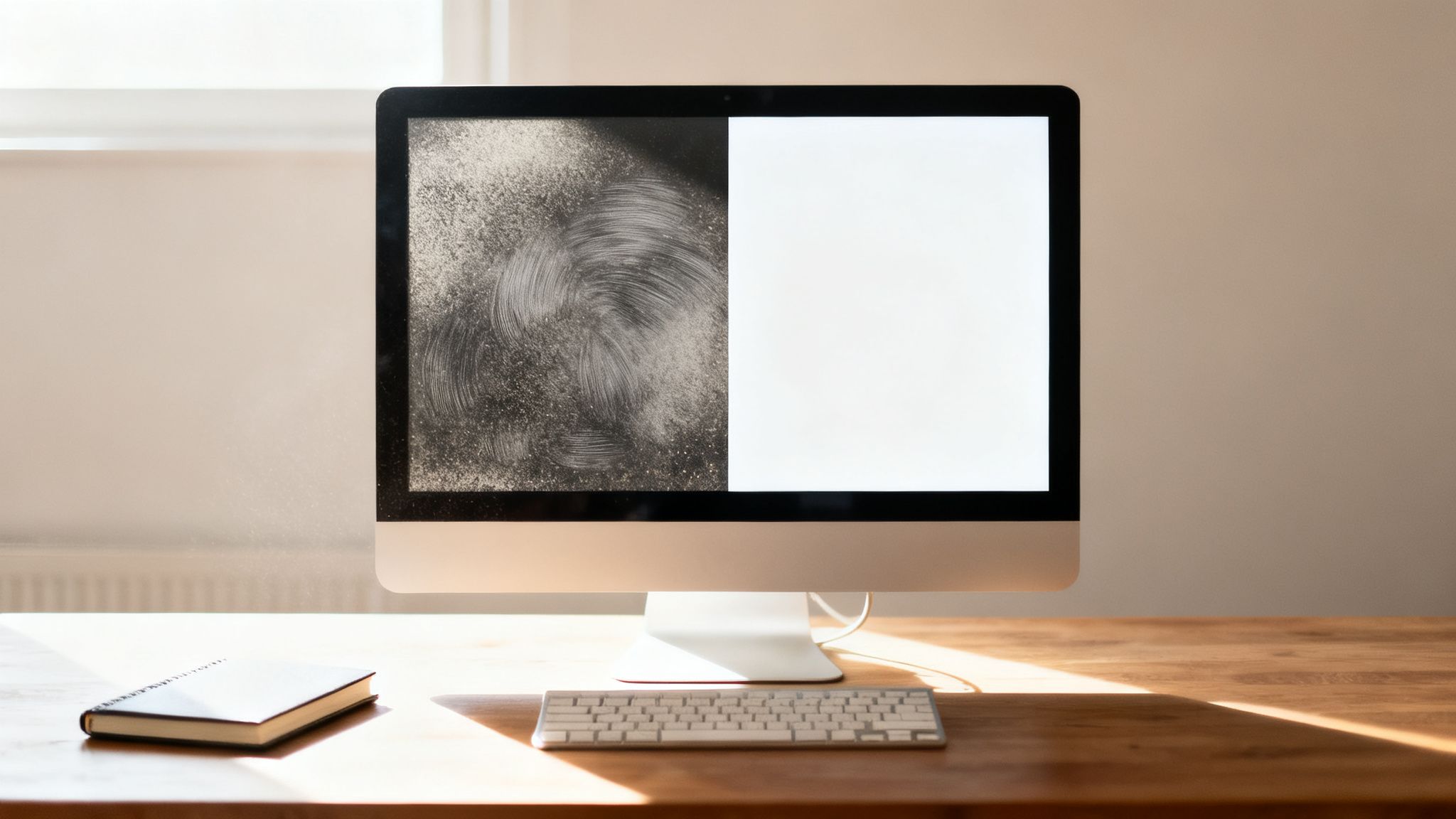 Computer screen split with one half dusty and dirty, the other half clean and white.