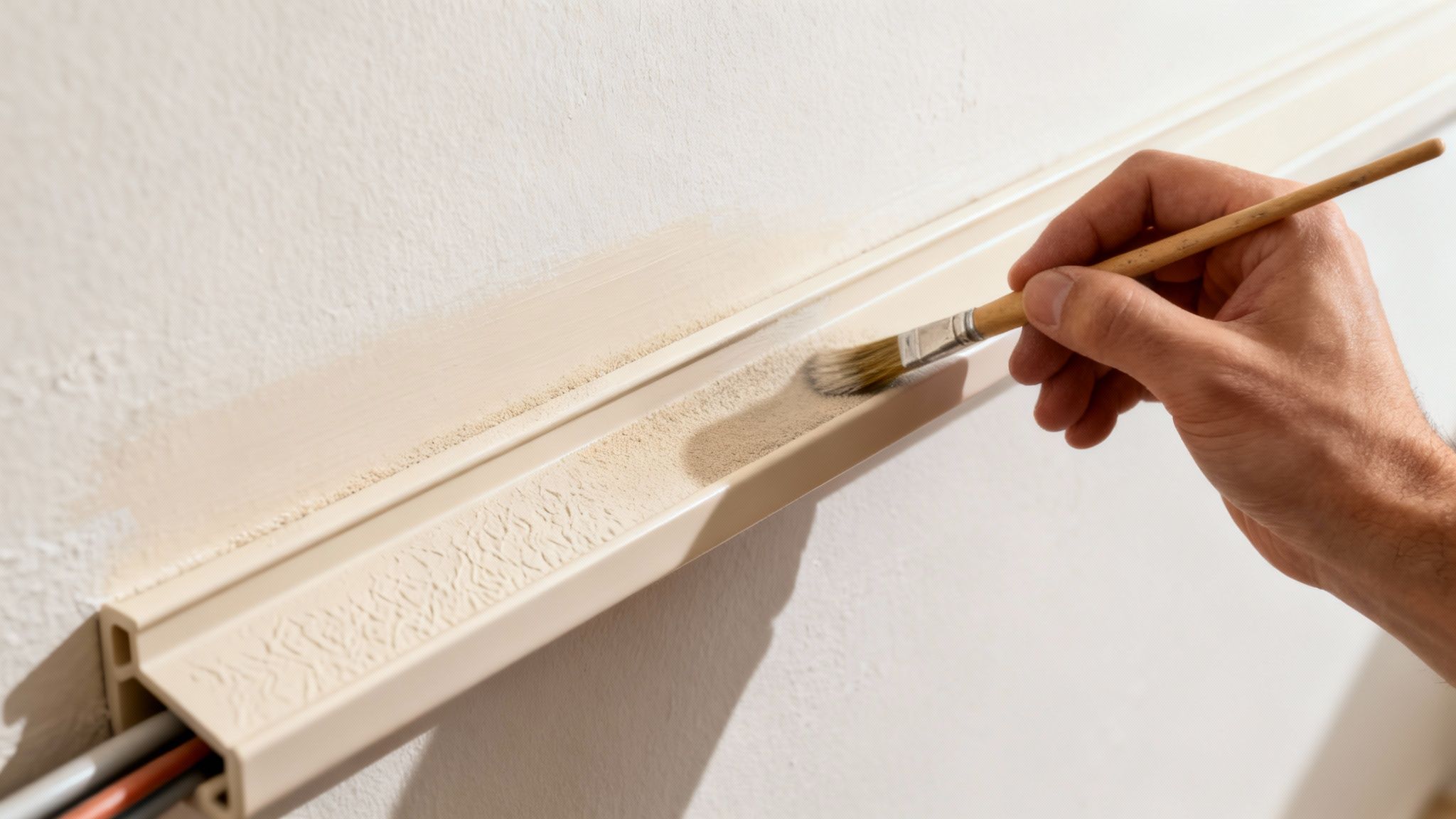 A hand paints a beige cable raceway on a light-colored wall, covering wires.