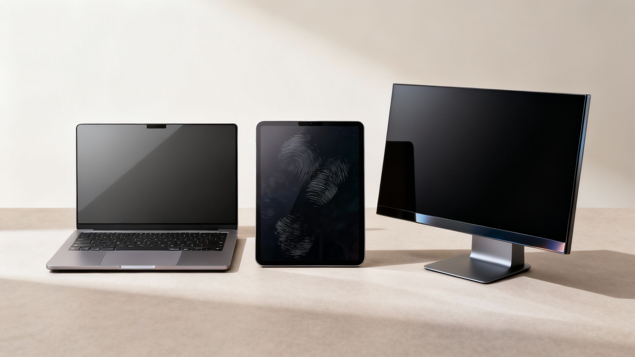 Three modern electronic display devices: a laptop, a tablet with fingerprints, and a desktop monitor.