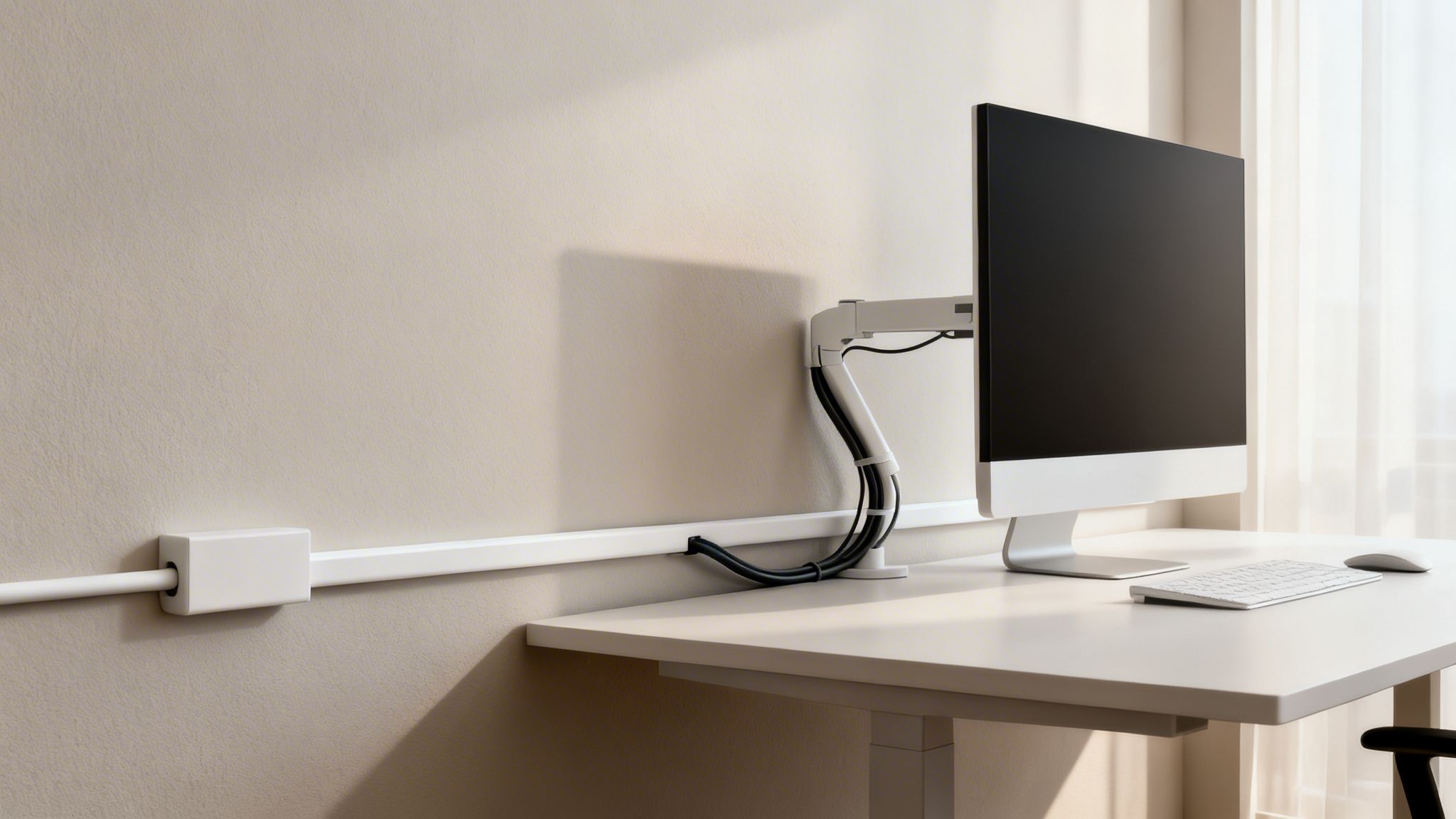 Modern office desk with a monitor on an articulating arm, keyboard, and mouse, featuring organized cables in a wall conduit.