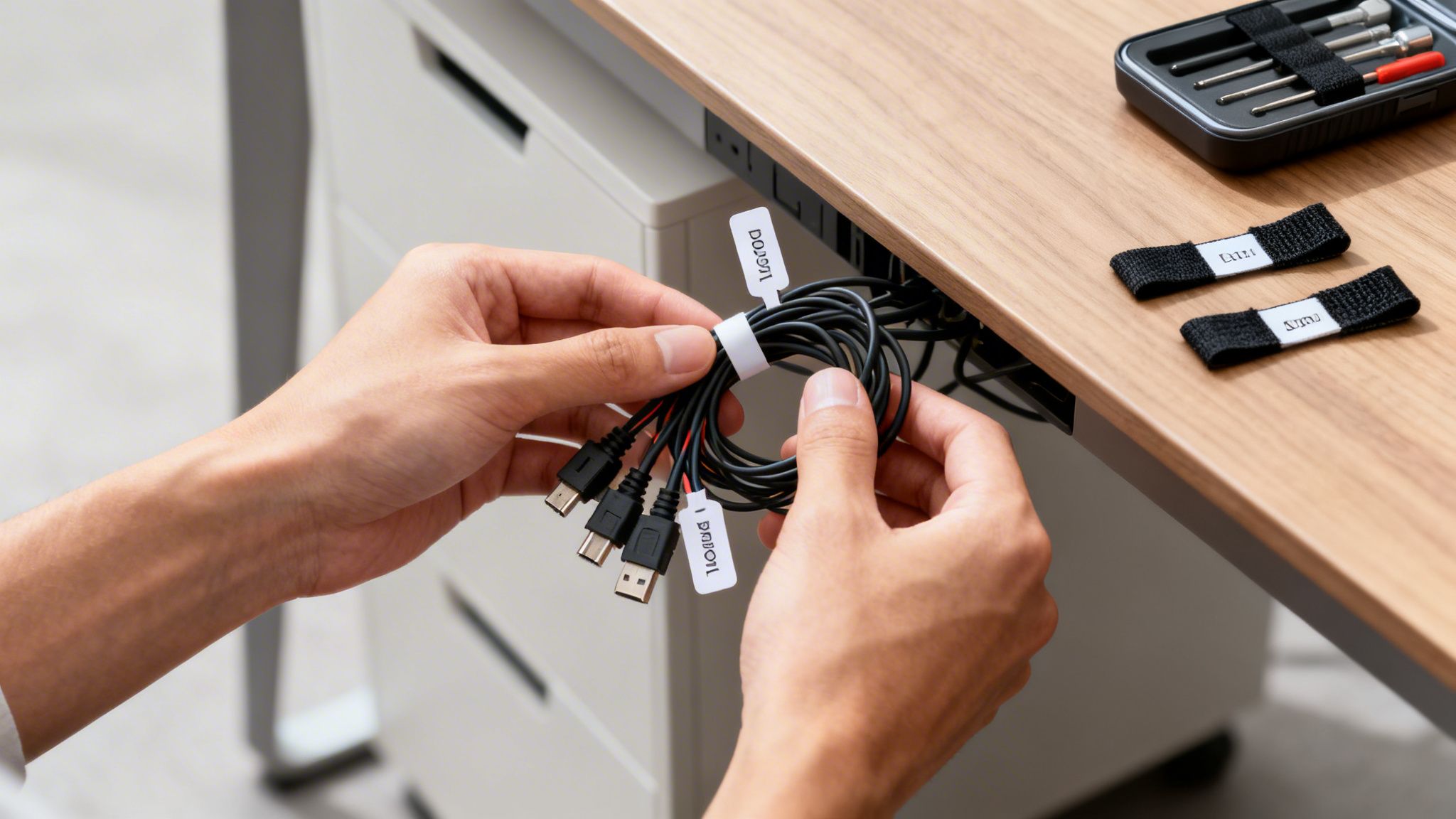 Hands neatly organizing black computer cables with labels and white strap on a wooden desk, alongside a toolbox and cable ties.