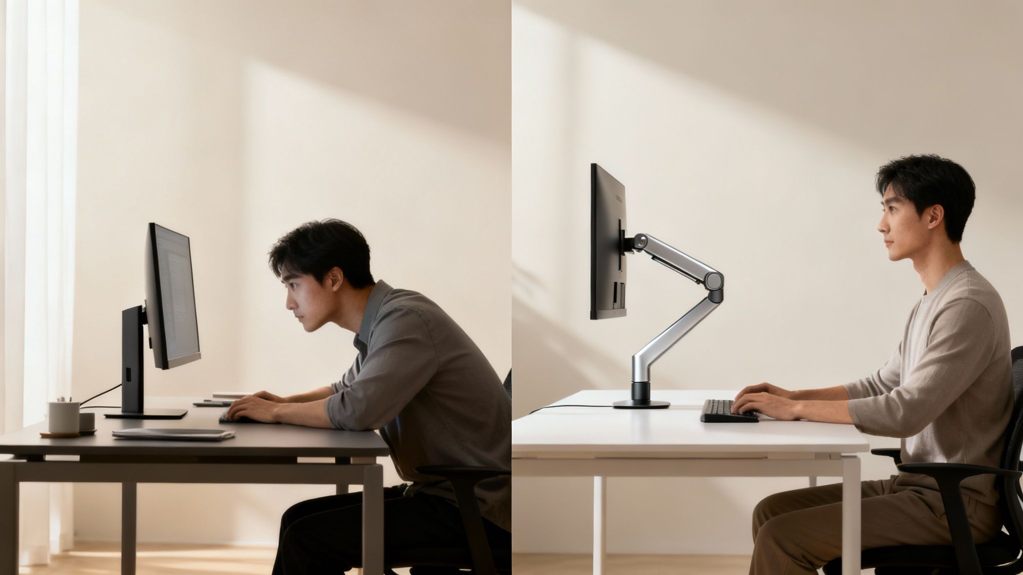 Split image comparing poor posture with a low monitor to good posture with an adjustable monitor arm.