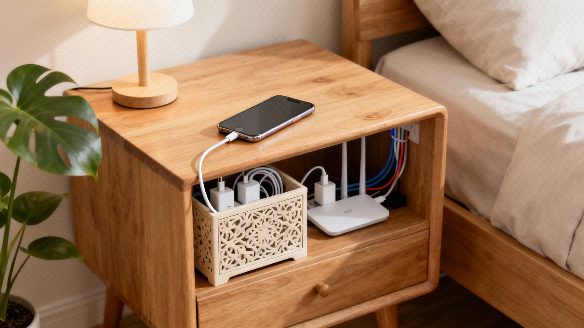 A wooden nightstand with a charging phone, lamp, plant, and neatly organized hidden cables and router.
