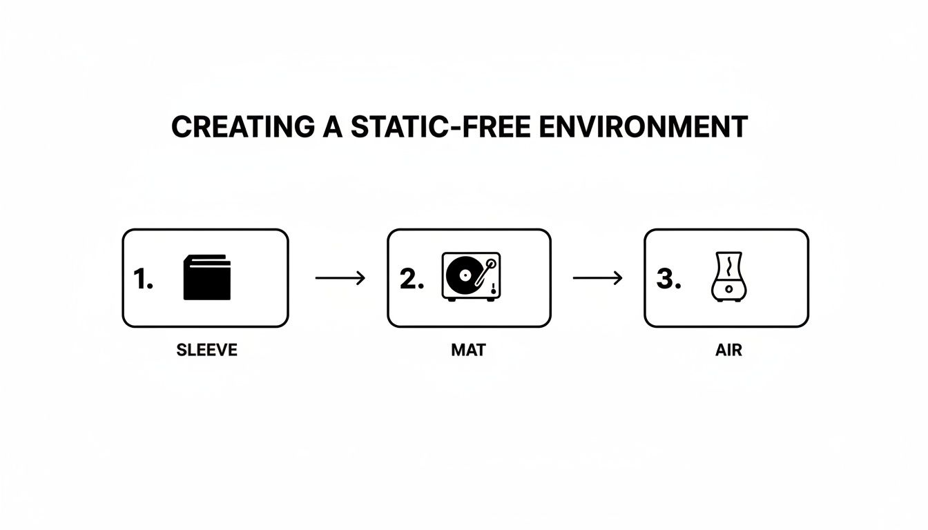 A three-step diagram illustrates creating a static-free environment using a sleeve, mat, and air.