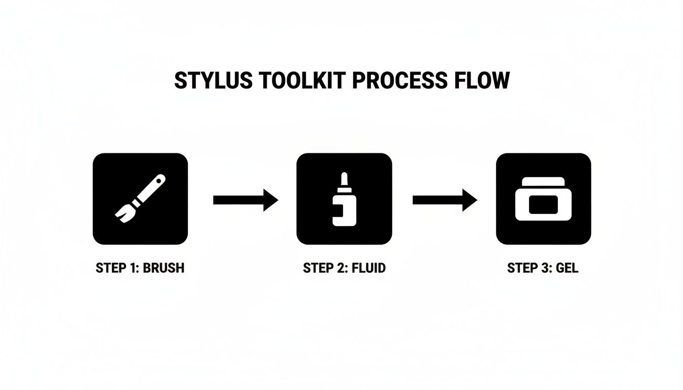 A stylus toolkit process flow diagram showing three steps: brush, fluid, and gel.