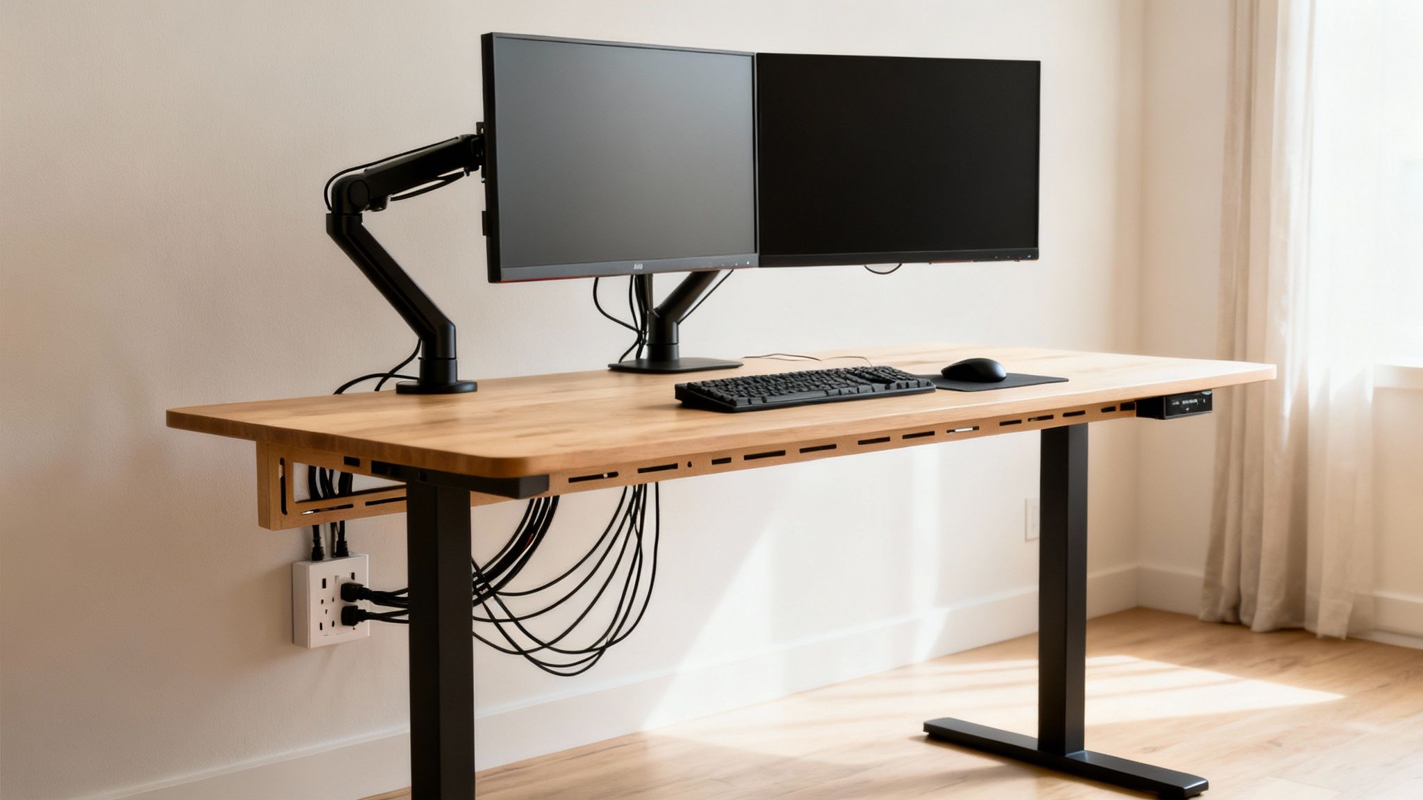 A clean and organized standing desk setup with dual monitors, keyboard, mouse, and excellent cable management.