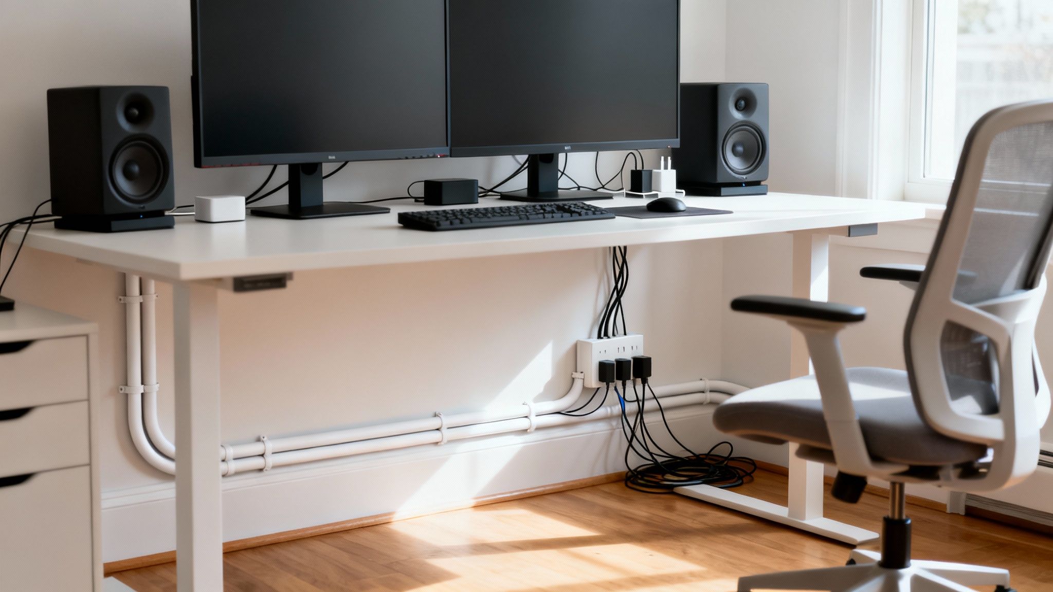 A clean white standing desk workspace with dual monitors, speakers, and neat raceway cable management.
