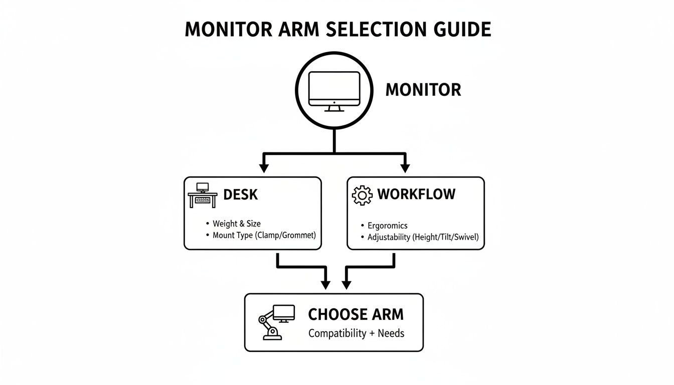 A flowchart titled 'Monitor Arm Selection Guide' detailing factors for choosing a monitor arm.